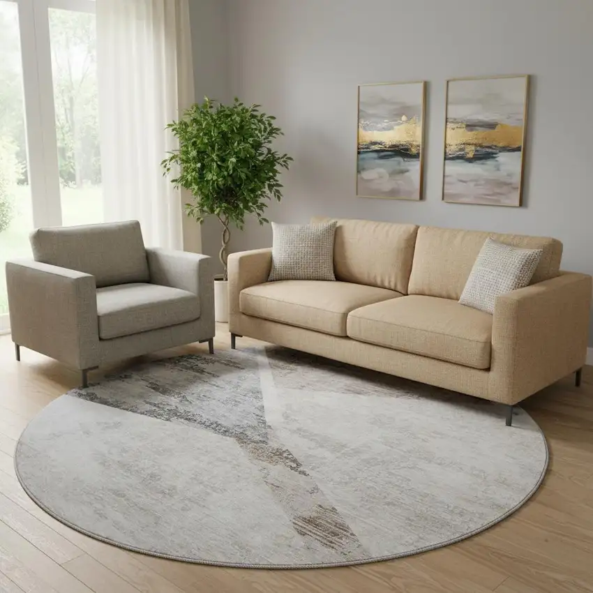 8' Silver Gray And Brown Geometric Washable Round Rug With UV Protection Photo 1