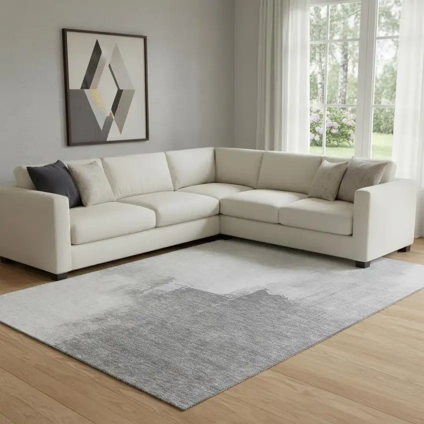 8' Silver Gray And Charcoal Abstract Washable Area Rug With UV Protection Photo 2