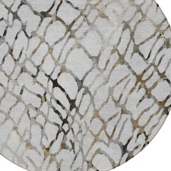 8' Silver Gray And Charcoal Round Abstract Washable Indoor Outdoor Area Rug Photo 5