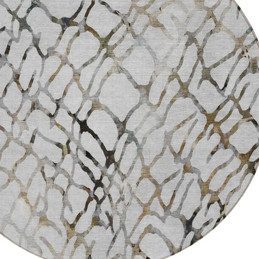 8' Silver Gray And Charcoal Round Abstract Washable Indoor Outdoor Area Rug Photo 5