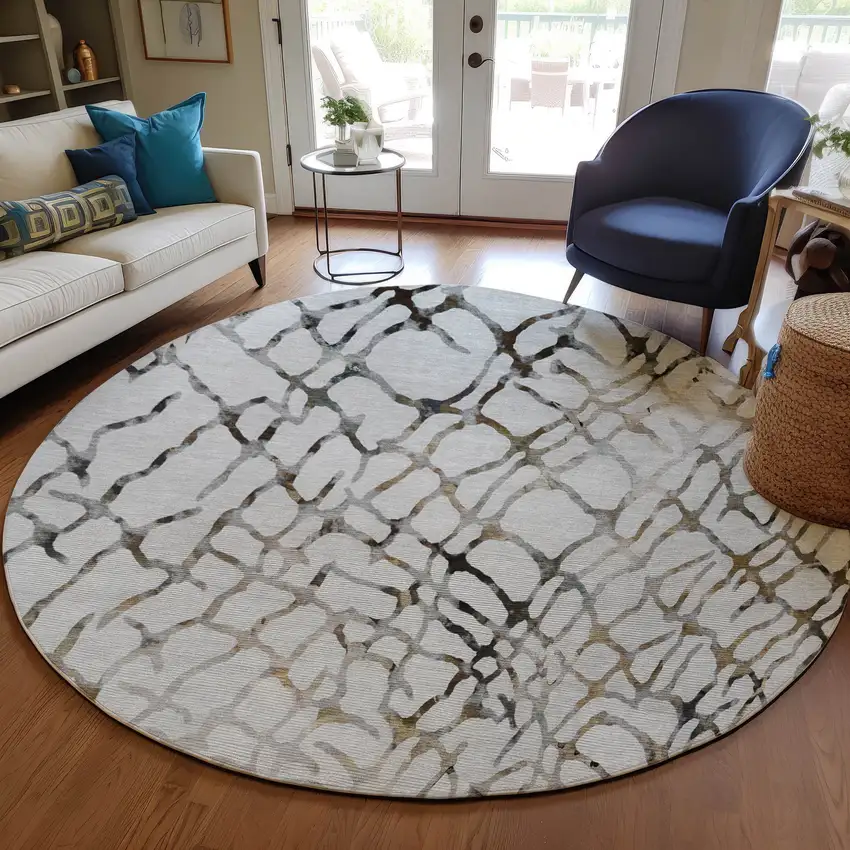 8' Silver Gray And Charcoal Round Abstract Washable Indoor Outdoor Area Rug Photo 7