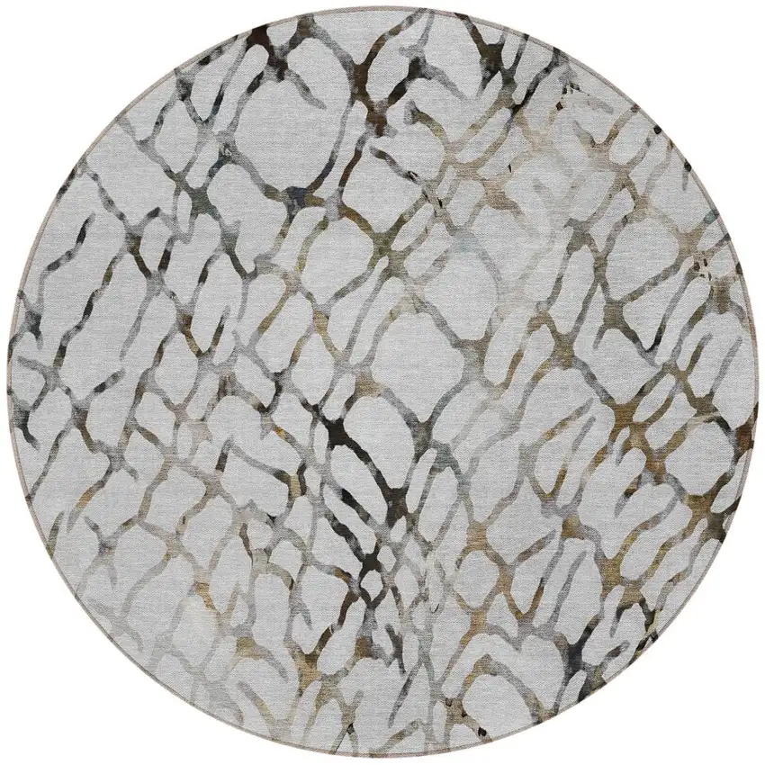 8' Silver Gray And Charcoal Round Abstract Washable Indoor Outdoor Area Rug Photo 4