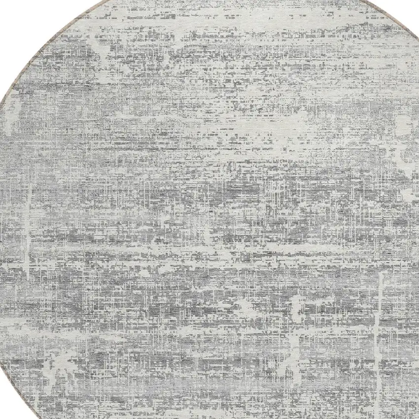 8' Silver Gray And Charcoal Round Abstract Washable Indoor Outdoor Area Rug Photo 4