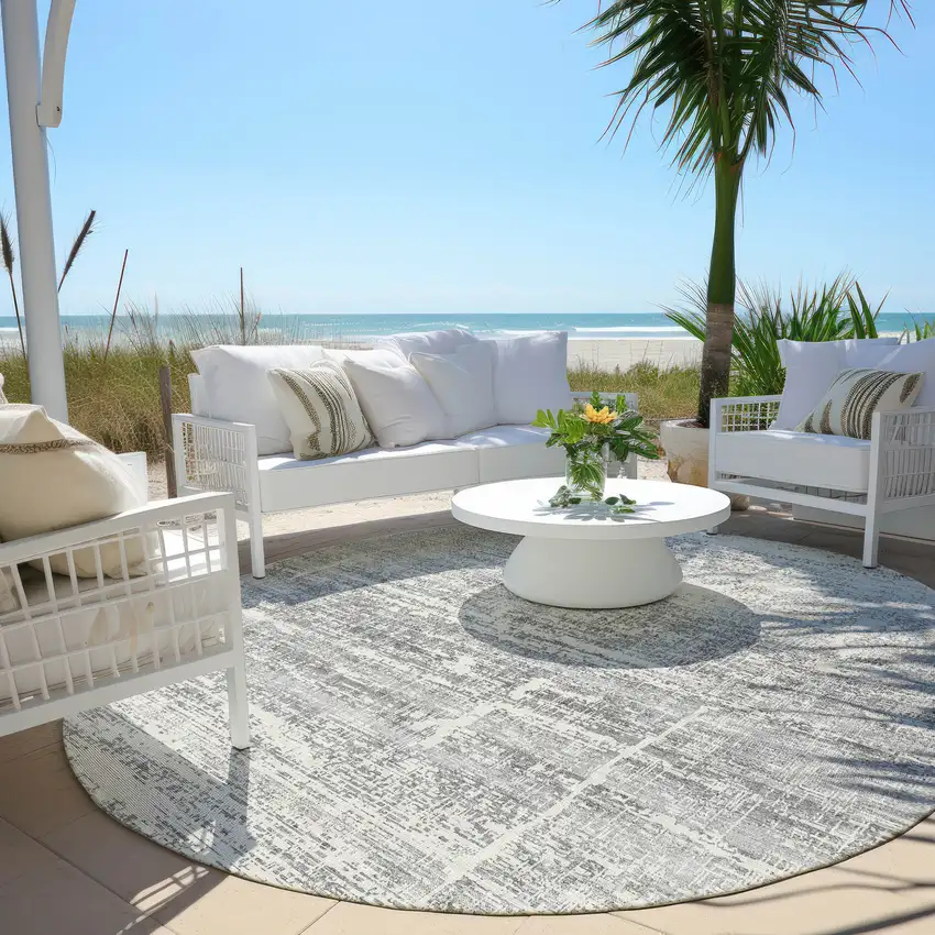 8' Silver Gray And Charcoal Round Abstract Washable Indoor Outdoor Area Rug Photo 6