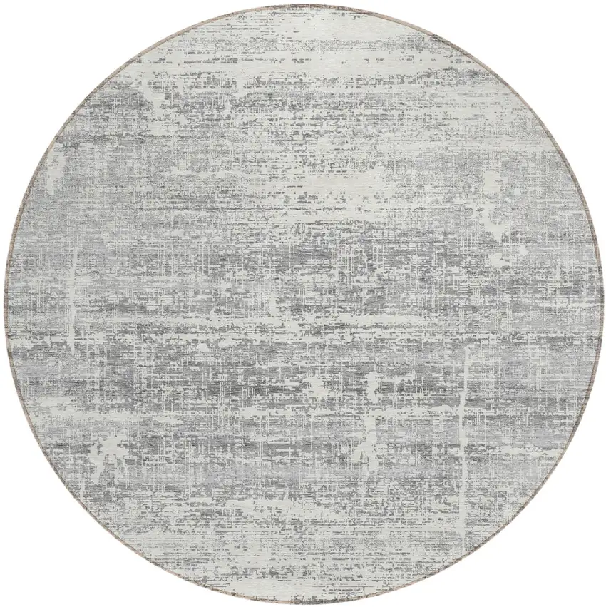 8' Silver Gray And Charcoal Round Abstract Washable Indoor Outdoor Area Rug Photo 2