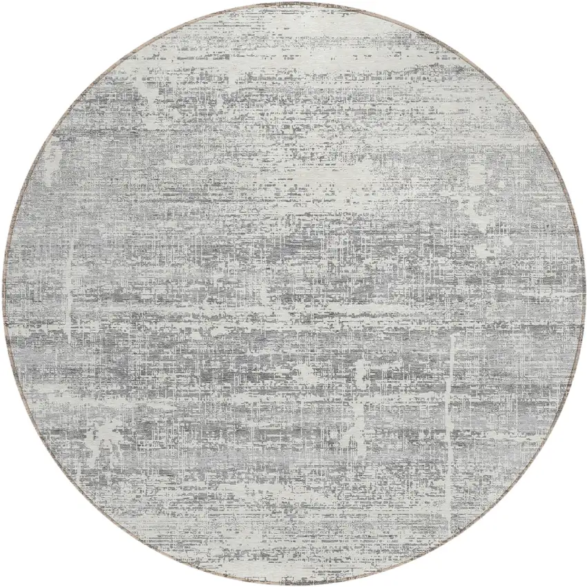 8' Silver Gray And Charcoal Round Abstract Washable Indoor Outdoor Area Rug Photo 2