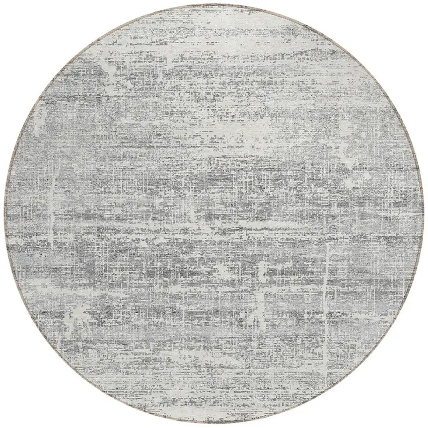 8' Silver Gray And Charcoal Round Abstract Washable Indoor Outdoor Area Rug Photo 5