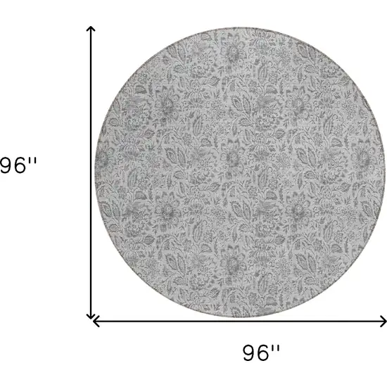 8' Silver Gray And Charcoal Round Floral Washable Indoor Outdoor Area Rug Photo 3