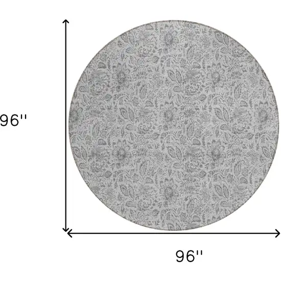 8' Silver Gray And Charcoal Round Floral Washable Indoor Outdoor Area Rug Photo 3