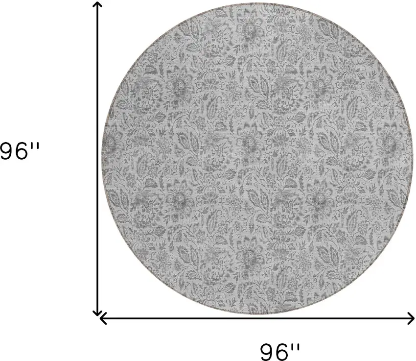8' Silver Gray And Charcoal Round Floral Washable Indoor Outdoor Area Rug Photo 3