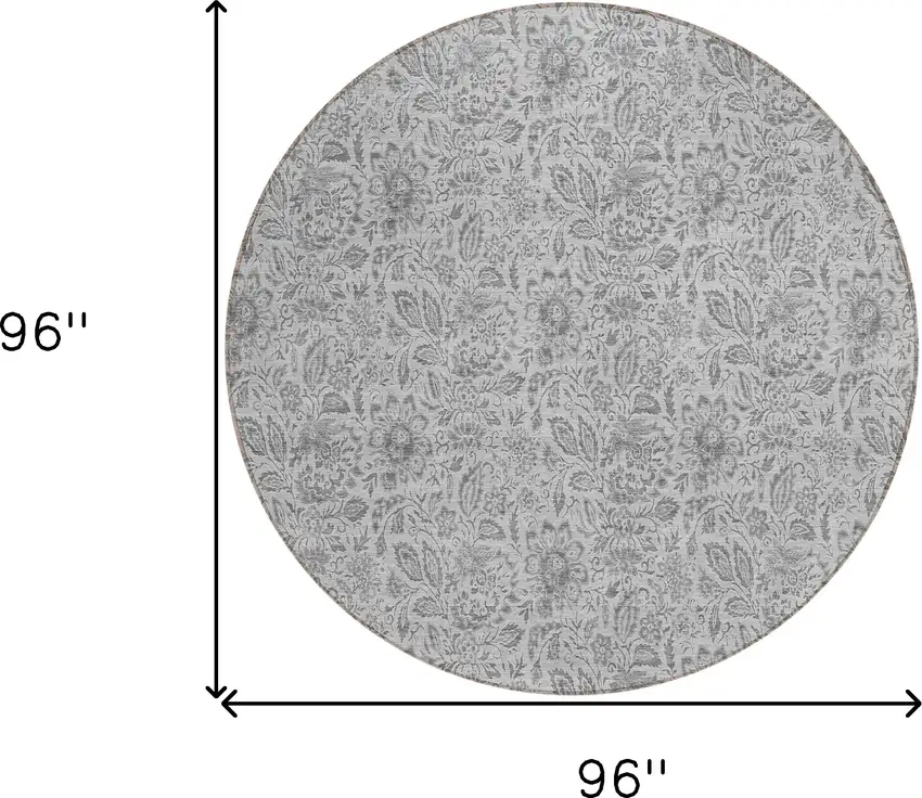 8' Silver Gray And Charcoal Round Floral Washable Indoor Outdoor Area Rug Photo 3