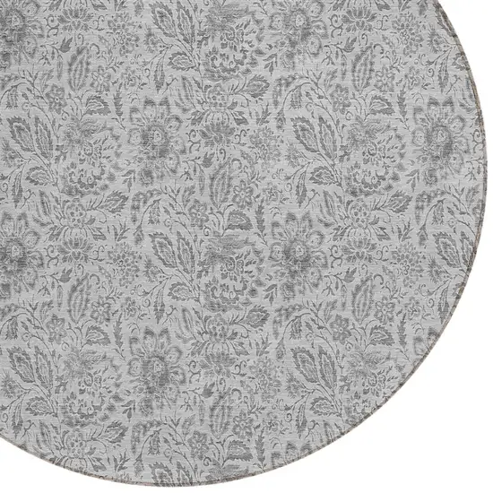 8' Silver Gray And Charcoal Round Floral Washable Indoor Outdoor Area Rug Photo 4