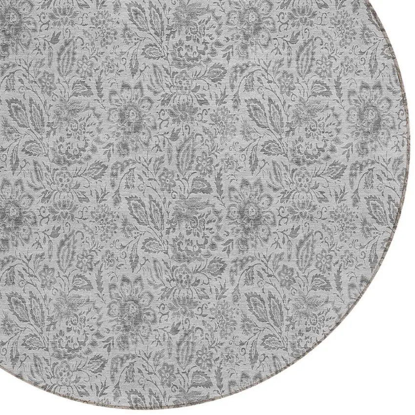8' Silver Gray And Charcoal Round Floral Washable Indoor Outdoor Area Rug Photo 4