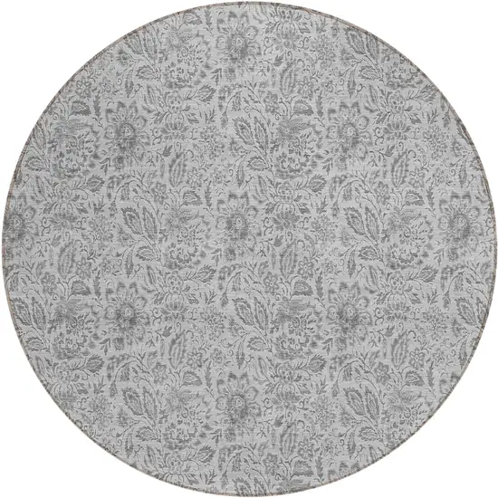 8' Silver Gray And Charcoal Round Floral Washable Indoor Outdoor Area Rug Photo 2