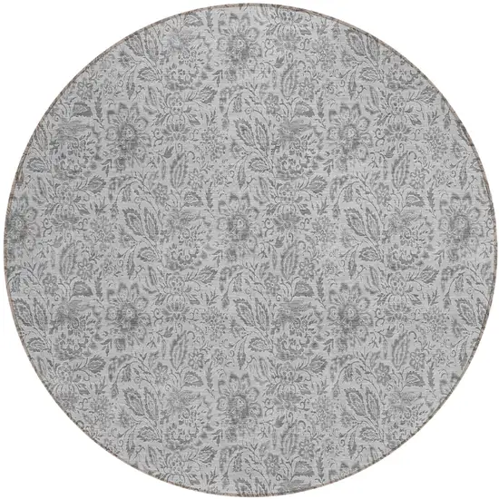 8' Silver Gray And Charcoal Round Floral Washable Indoor Outdoor Area Rug Photo 2