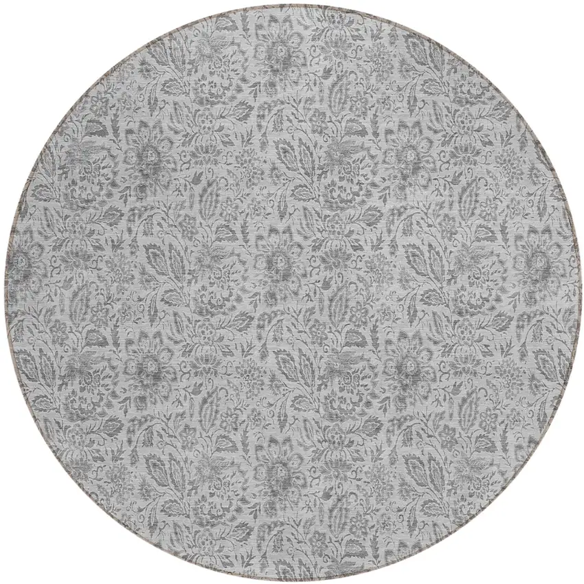 8' Silver Gray And Charcoal Round Floral Washable Indoor Outdoor Area Rug Photo 2