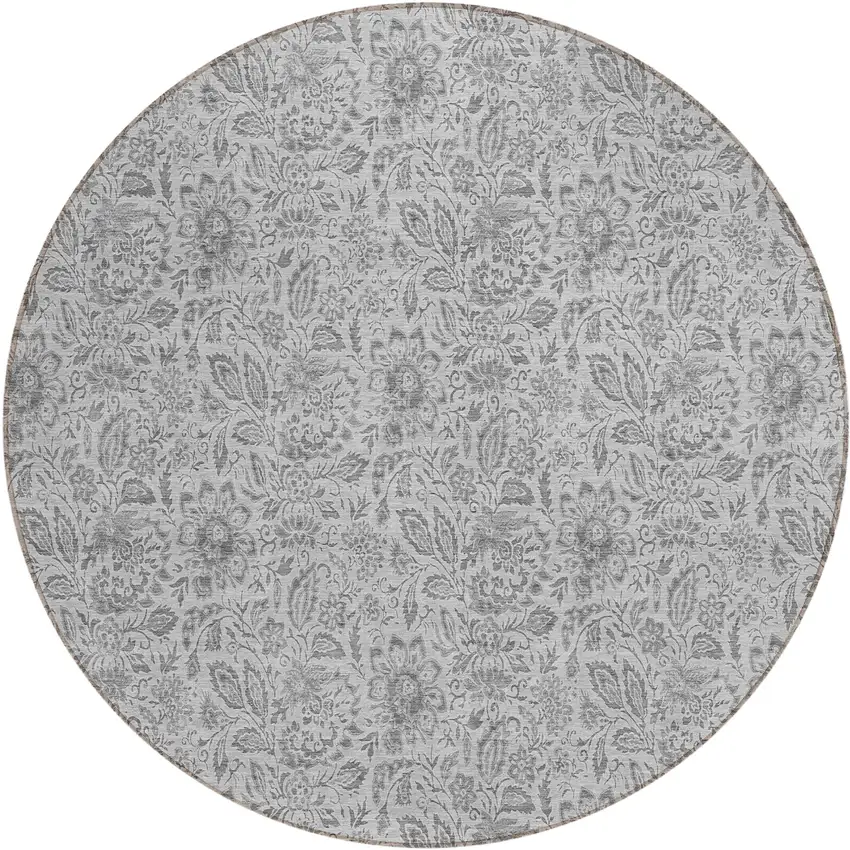 8' Silver Gray And Charcoal Round Floral Washable Indoor Outdoor Area Rug Photo 2
