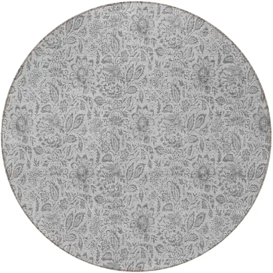 8' Silver Gray And Charcoal Round Floral Washable Indoor Outdoor Area Rug Photo 5