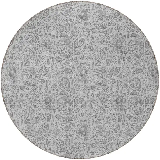 8' Silver Gray And Charcoal Round Floral Washable Indoor Outdoor Area Rug Photo 5