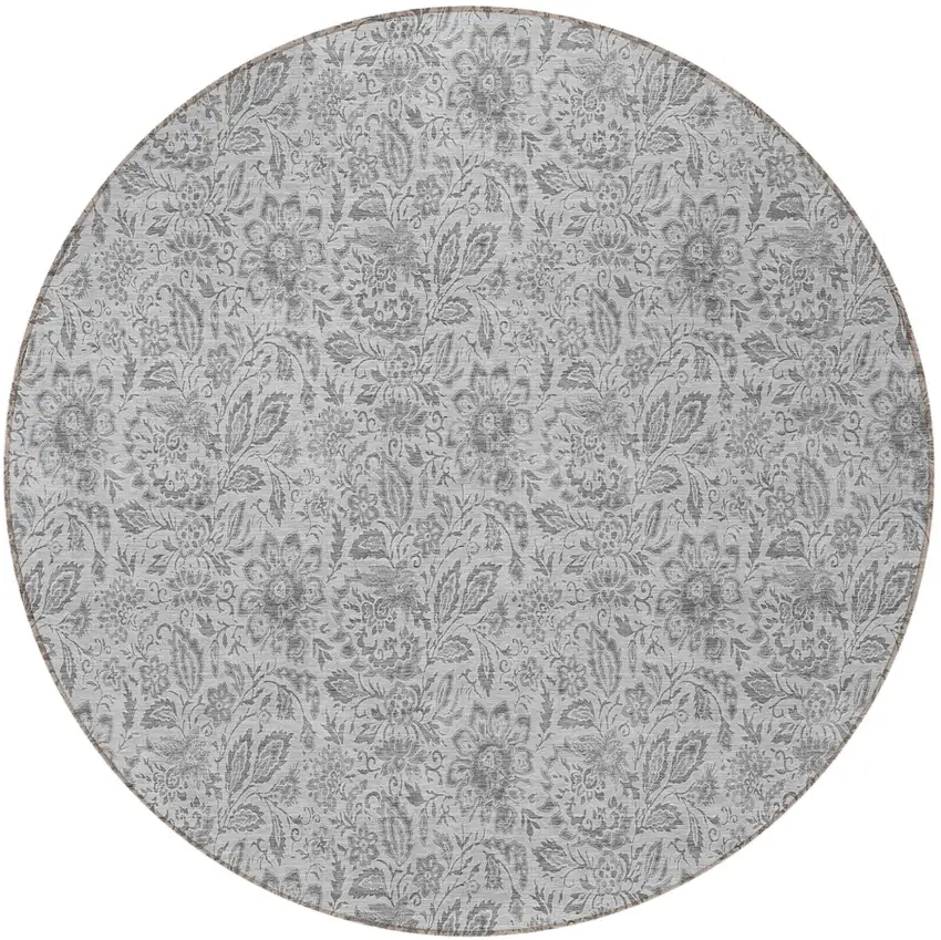 8' Silver Gray And Charcoal Round Floral Washable Indoor Outdoor Area Rug Photo 5