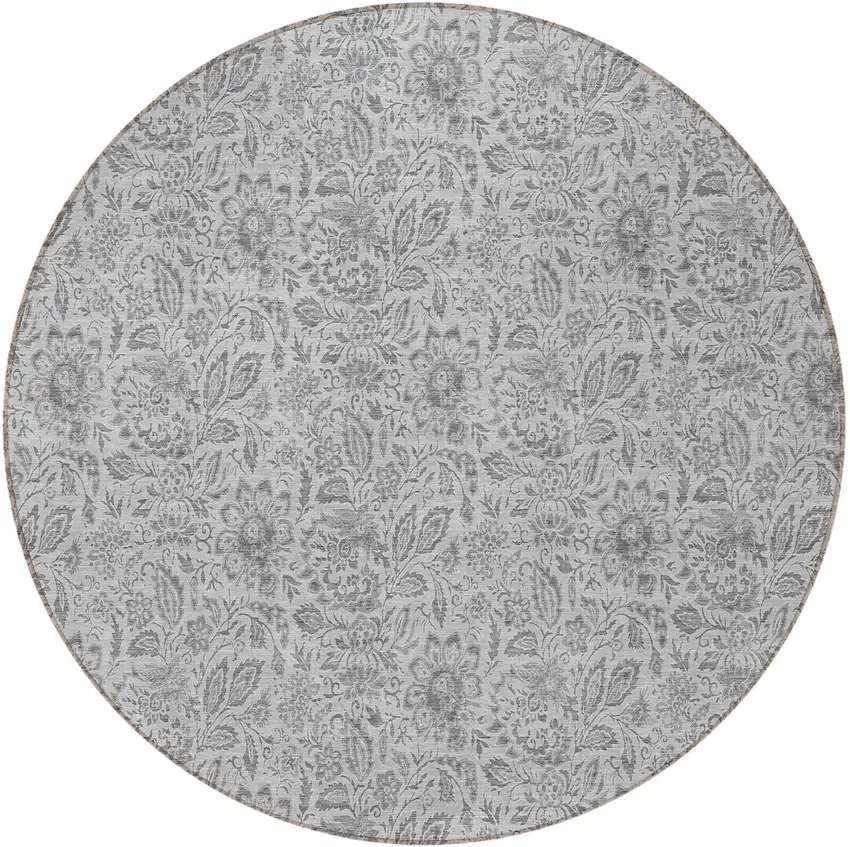 8' Silver Gray And Charcoal Round Floral Washable Indoor Outdoor Area Rug Photo 5