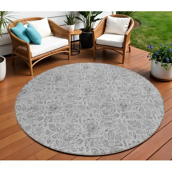 8' Silver Gray And Charcoal Round Floral Washable Indoor Outdoor Area Rug Photo 1