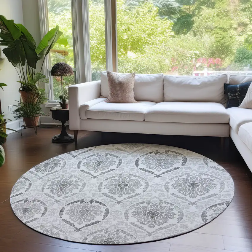 8' Silver Gray And Charcoal Round Medallion Washable Indoor Outdoor Area Rug Photo 7