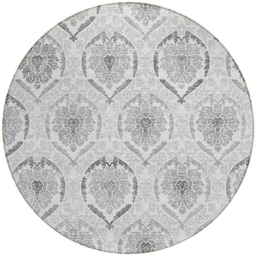 8' Silver Gray And Charcoal Round Medallion Washable Indoor Outdoor Area Rug Photo 5