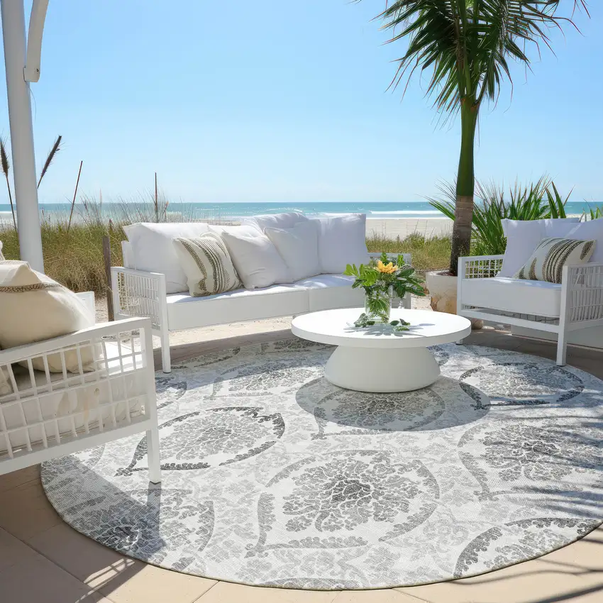8' Silver Gray And Charcoal Round Medallion Washable Indoor Outdoor Area Rug Photo 6