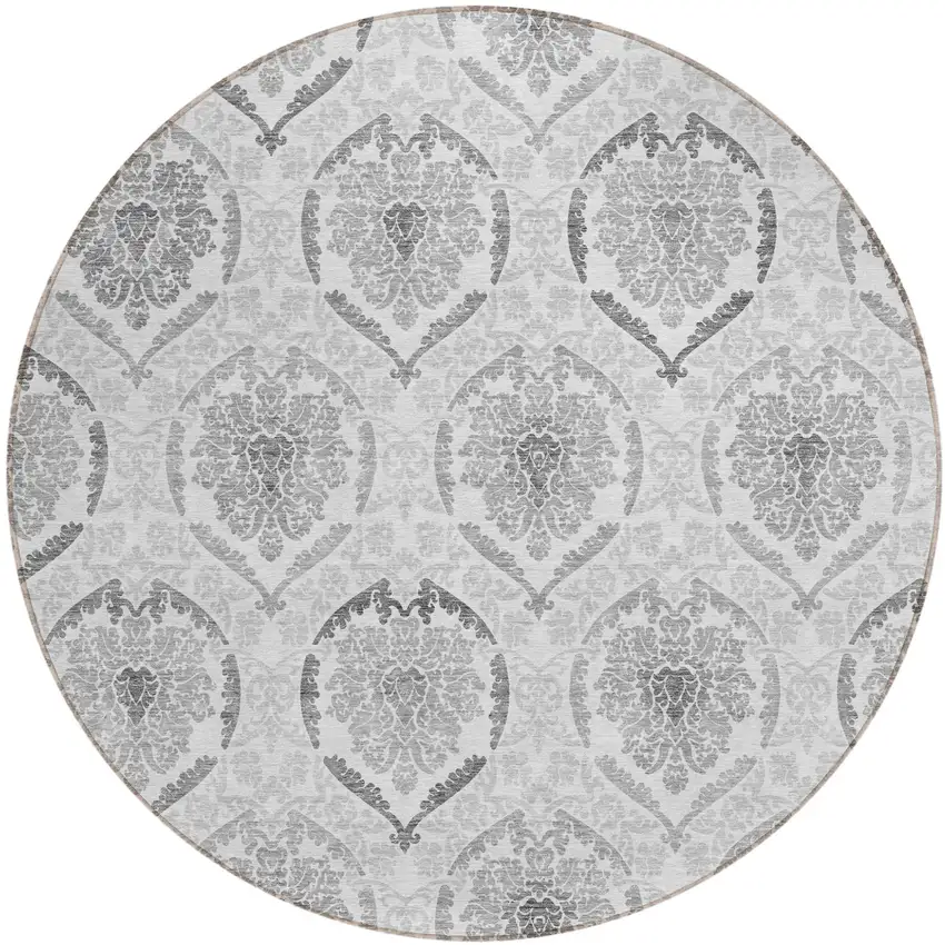 8' Silver Gray And Charcoal Round Medallion Washable Indoor Outdoor Area Rug Photo 2