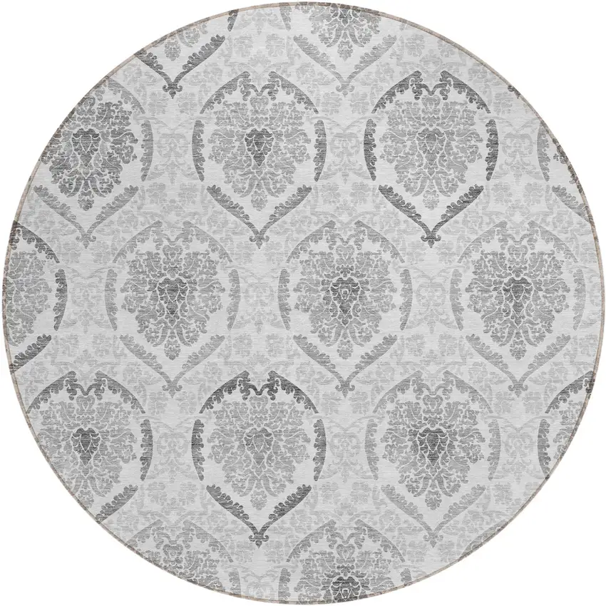 8' Silver Gray And Charcoal Round Medallion Washable Indoor Outdoor Area Rug Photo 2