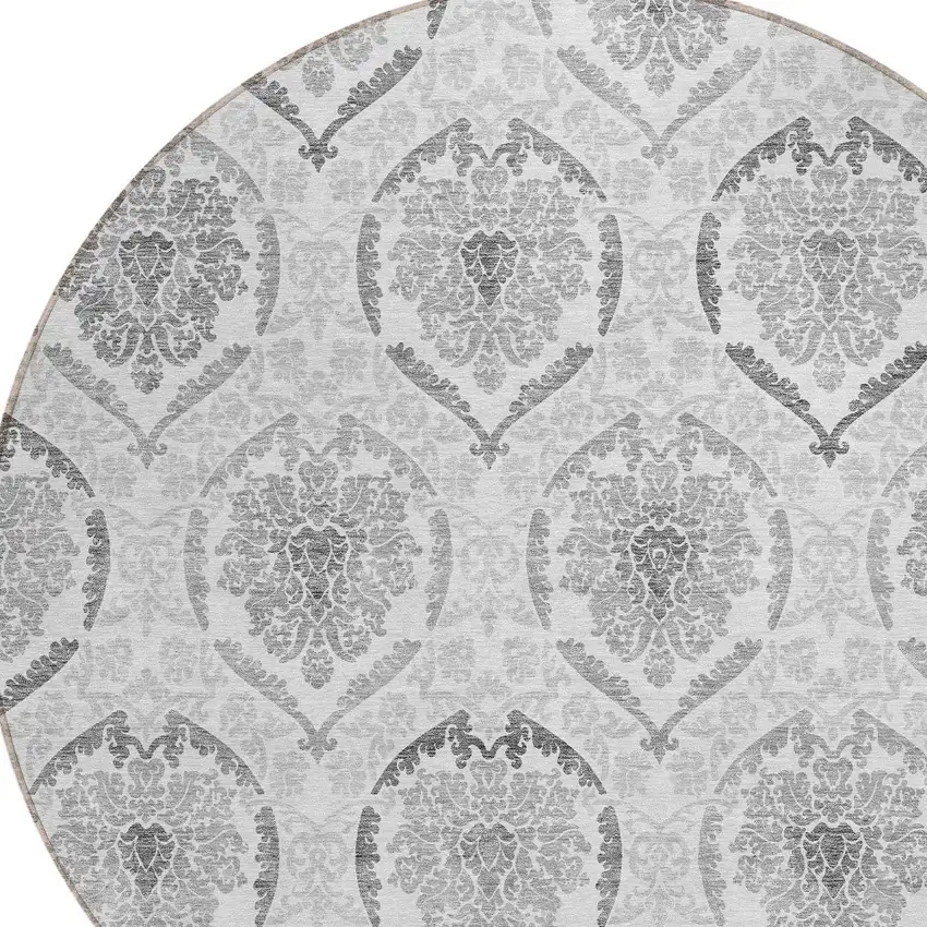8' Silver Gray And Charcoal Round Medallion Washable Indoor Outdoor Area Rug Photo 4