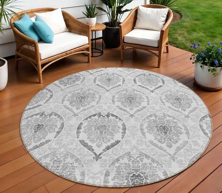 8' Silver Gray And Charcoal Round Medallion Washable Indoor Outdoor Area Rug Photo 1