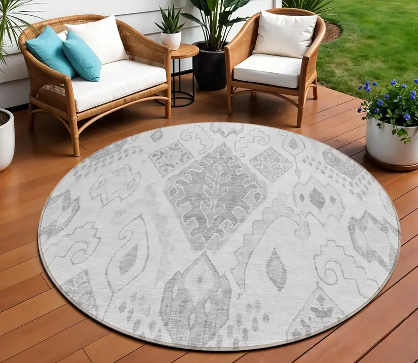 8' Silver Gray And Charcoal Round Moroccan Washable Indoor Outdoor Area Rug Photo 1