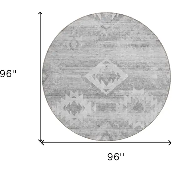 8' Silver Gray And Charcoal Round Southwestern Washable Indoor Outdoor Area Rug Photo 3