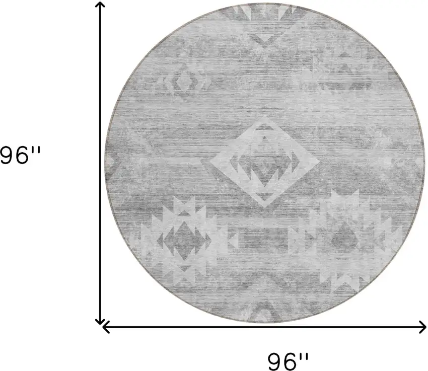 8' Silver Gray And Charcoal Round Southwestern Washable Indoor Outdoor Area Rug Photo 3
