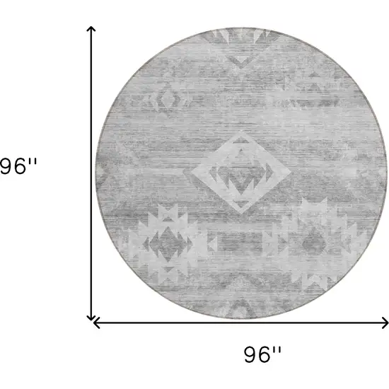 8' Silver Gray And Charcoal Round Southwestern Washable Indoor Outdoor Area Rug Photo 3