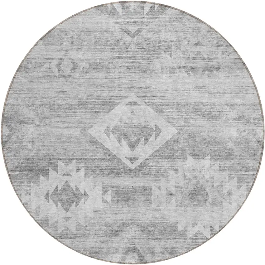 8' Silver Gray And Charcoal Round Southwestern Washable Indoor Outdoor Area Rug Photo 2