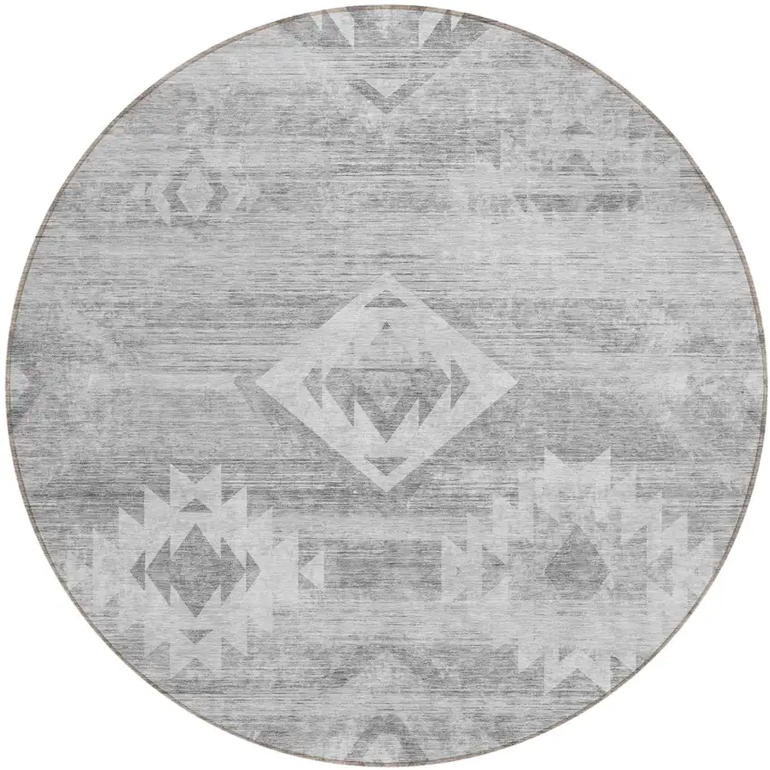 8' Silver Gray And Charcoal Round Southwestern Washable Indoor Outdoor Area Rug Photo 2