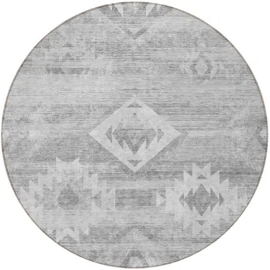 8' Silver Gray And Charcoal Round Southwestern Washable Indoor Outdoor Area Rug Photo 5
