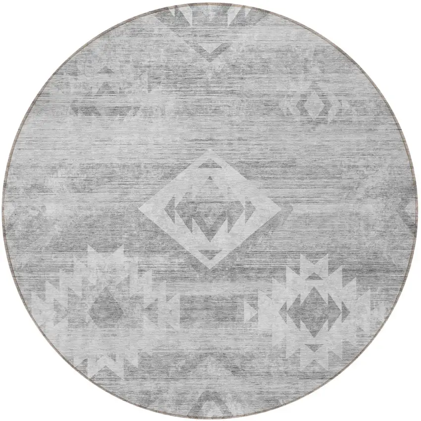 8' Silver Gray And Charcoal Round Southwestern Washable Indoor Outdoor Area Rug Photo 5