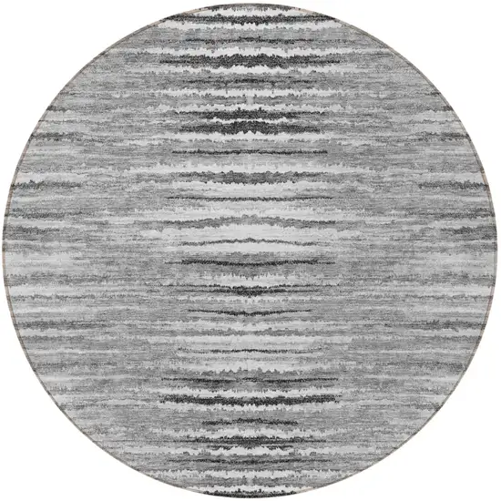 8' Silver Gray And Charcoal Round Striped Washable Indoor Outdoor Area Rug Photo 5