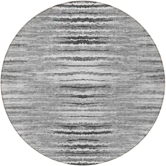 8' Silver Gray And Charcoal Round Striped Washable Indoor Outdoor Area Rug Photo 5