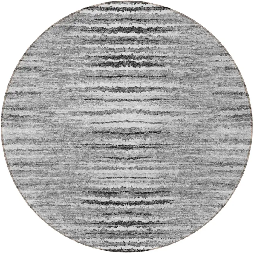 8' Silver Gray And Charcoal Round Striped Washable Indoor Outdoor Area Rug Photo 5