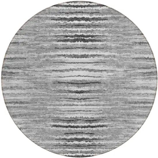 8' Silver Gray And Charcoal Round Striped Washable Indoor Outdoor Area Rug Photo 2