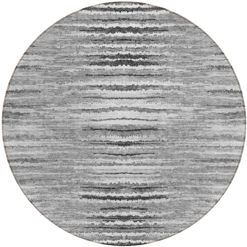 8' Silver Gray And Charcoal Round Striped Washable Indoor Outdoor Area Rug Photo 2
