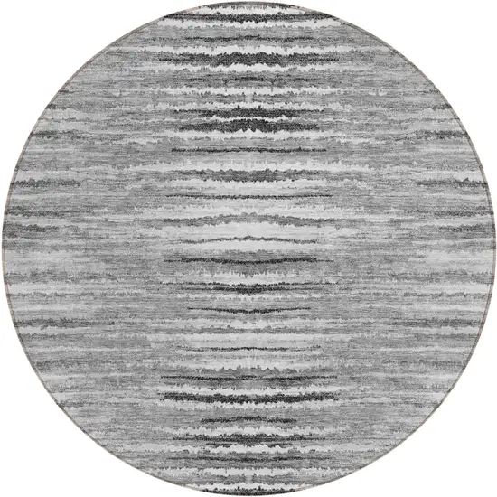 8' Silver Gray And Charcoal Round Striped Washable Indoor Outdoor Area Rug Photo 2