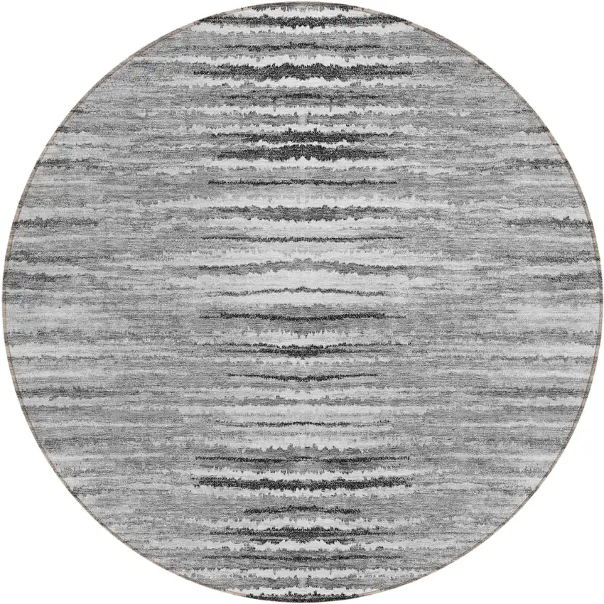 8' Silver Gray And Charcoal Round Striped Washable Indoor Outdoor Area Rug Photo 2