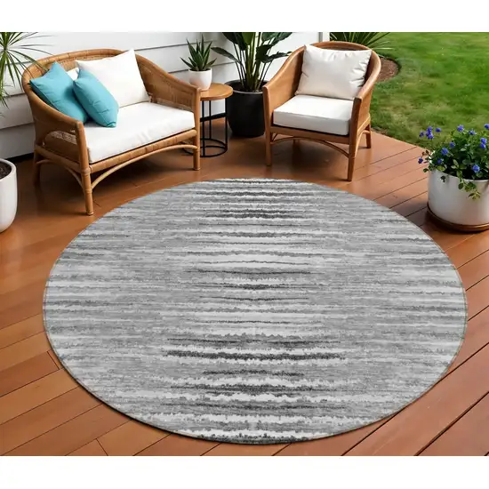 8' Silver Gray And Charcoal Round Striped Washable Indoor Outdoor Area Rug Photo 1