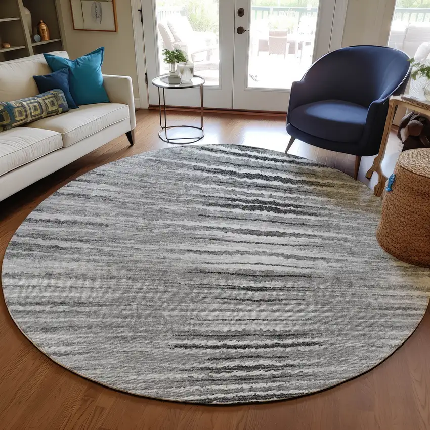 8' Silver Gray And Charcoal Round Striped Washable Indoor Outdoor Area Rug Photo 7